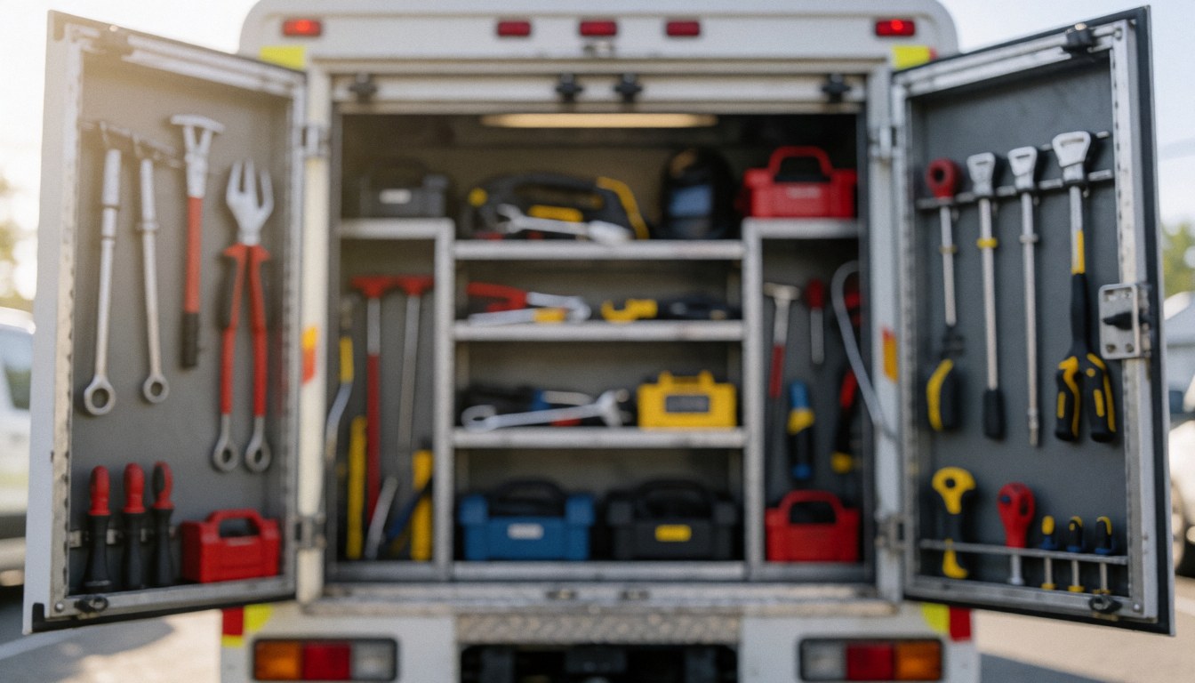Coffre à outils de maintenance HVAC contenant des outils bien rangés, servant de fond pour des textes sur la réparation de chauffage.