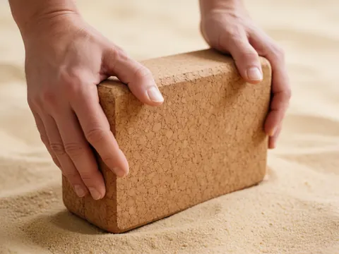 Gros plan des mains tenant un bloc de yoga en liège posé sur le sable, détail d'un accessoire pour une séance de yoga en plein air.
