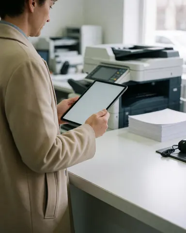 Un client en manteau beige tient une tablette devant une photocopieuse industrielle, avec une pile de feuilles A4 sur une table blanche éclairée par la lumière naturelle.