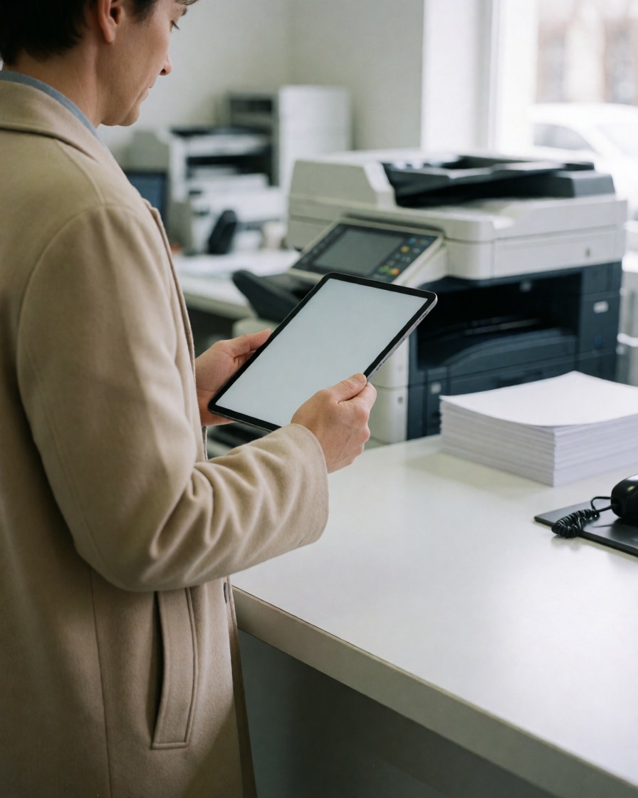 Un client en manteau beige tient une tablette devant une photocopieuse industrielle, avec une pile de feuilles A4 sur une table blanche éclairée par la lumière naturelle.