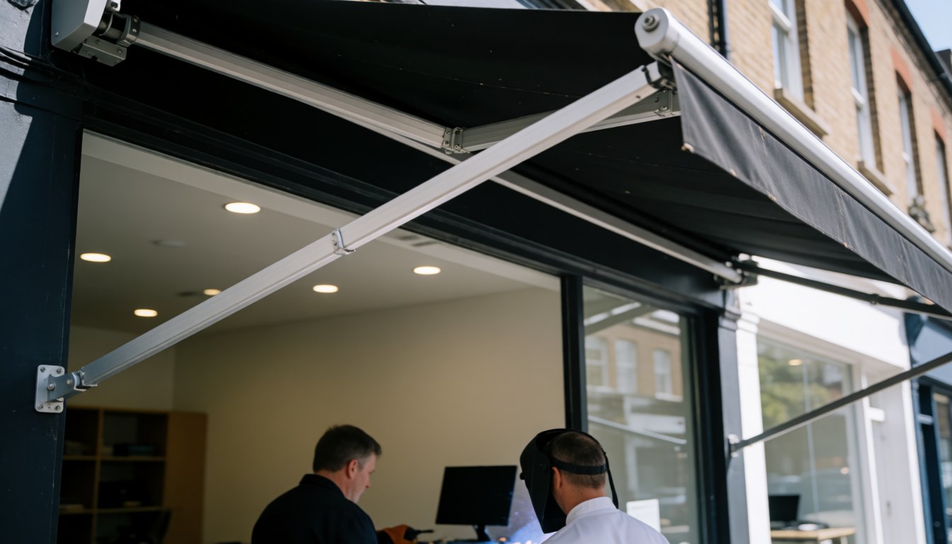 Une venteuse commerciale à structure métallique est déployée au-dessus de la façade d'un bureau moderne, abritant des employés en train de travailler à l'intérieur.