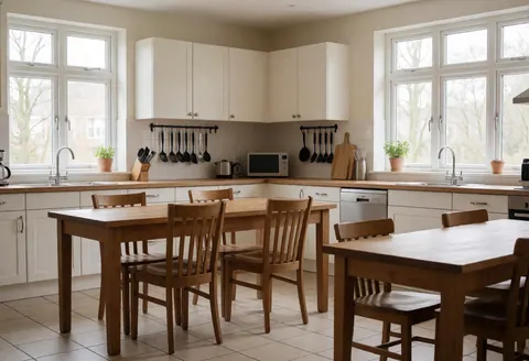 Cuisine partagée propre et ordonnée avec meubles en bois, grandes fenêtres, ustensiles suspendus et sol carrelé, idéale pour une maison d'hôtes.