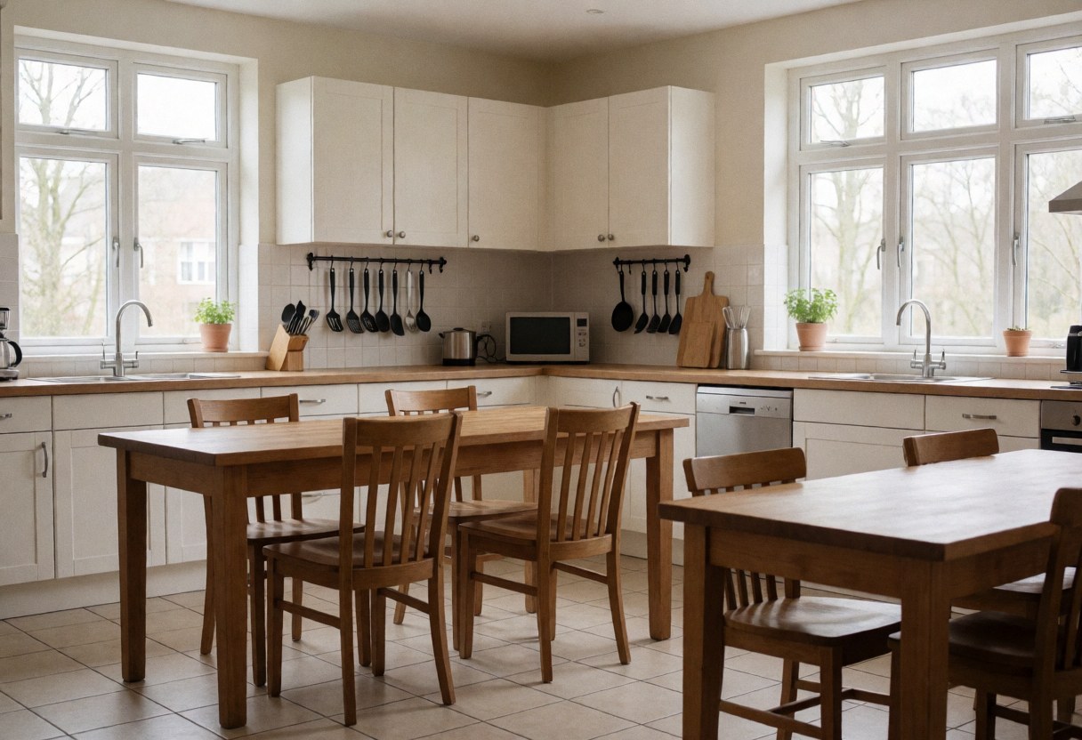 Cuisine partagée propre et ordonnée avec meubles en bois, grandes fenêtres, ustensiles suspendus et sol carrelé, idéale pour une maison d'hôtes.