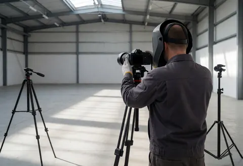 Un photographe professionnel ajuste une caméra sur trépied dans un grand entrepôt vide baigné de lumière naturelle, illustrant le travail d'une équipe de photographes panoramiques.