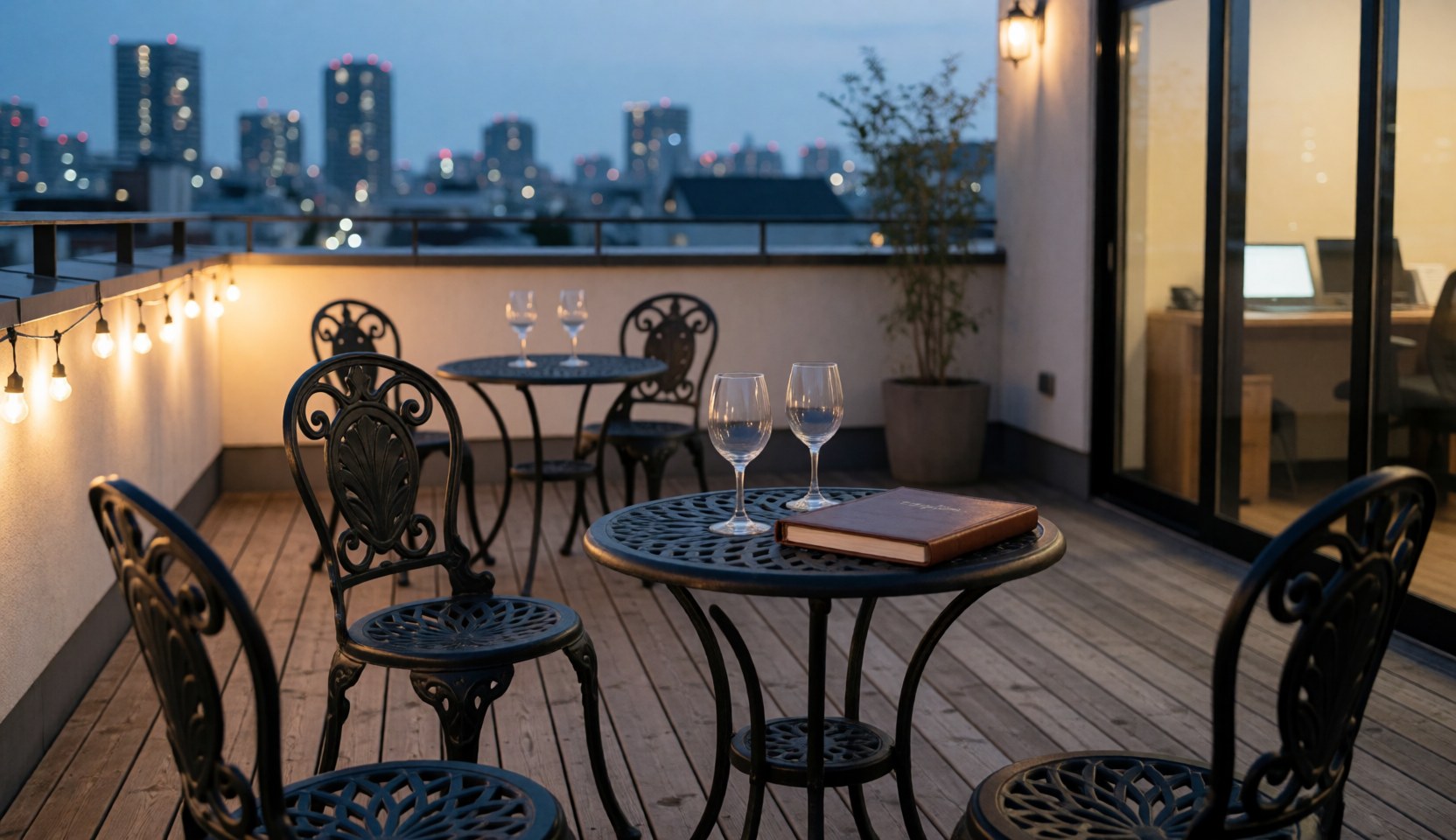 Terrasse de tango avec tables en fer forgé, verres de vin et livre, vue sur la ville au coucher du soleil, idéale pour une classe de tango.