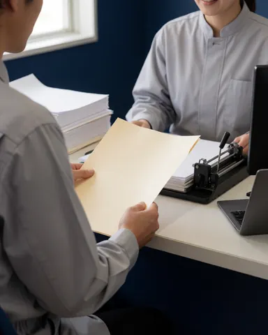 Cliente discutant avec un employé dans un bureau de photocopie et de reliure, avec une machine à relier et des murs bleus.