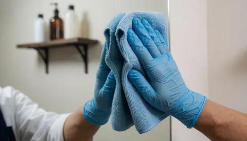 Des mains portant des gants en nitrile nettoient un miroir avec une serviette microfibre dans un salon de maquillage professionnel.