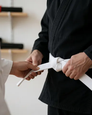 Des mains ajustant le nœud d'une ceinture blanche sur un gi noir, avec une étagère en bois et du matériel d'arts martiaux en arrière-plan.