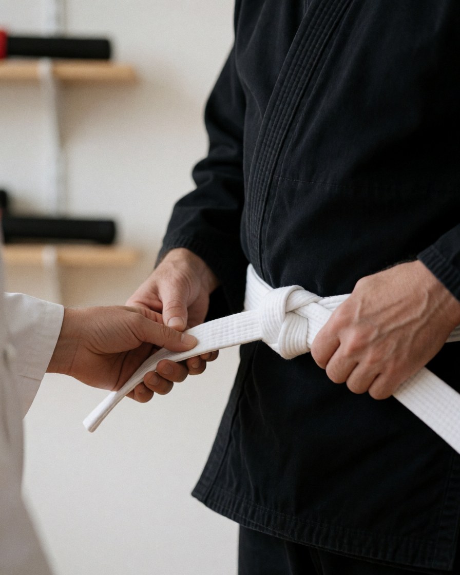 Des mains ajustant le nœud d'une ceinture blanche sur un gi noir, avec une étagère en bois et du matériel d'arts martiaux en arrière-plan.
