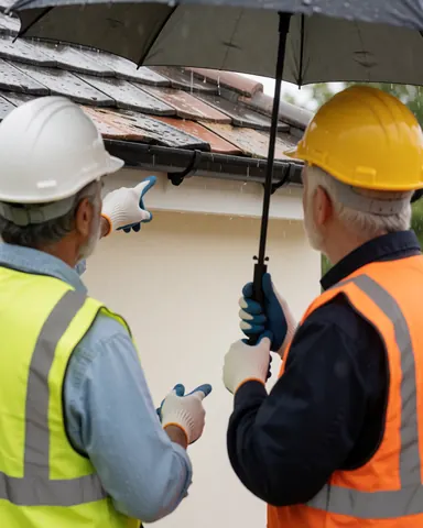 Technicien en casque et gilet signale une avarie sur un toit pendant qu'un collègue tient un parapluie, scène de réparation sous la pluie.