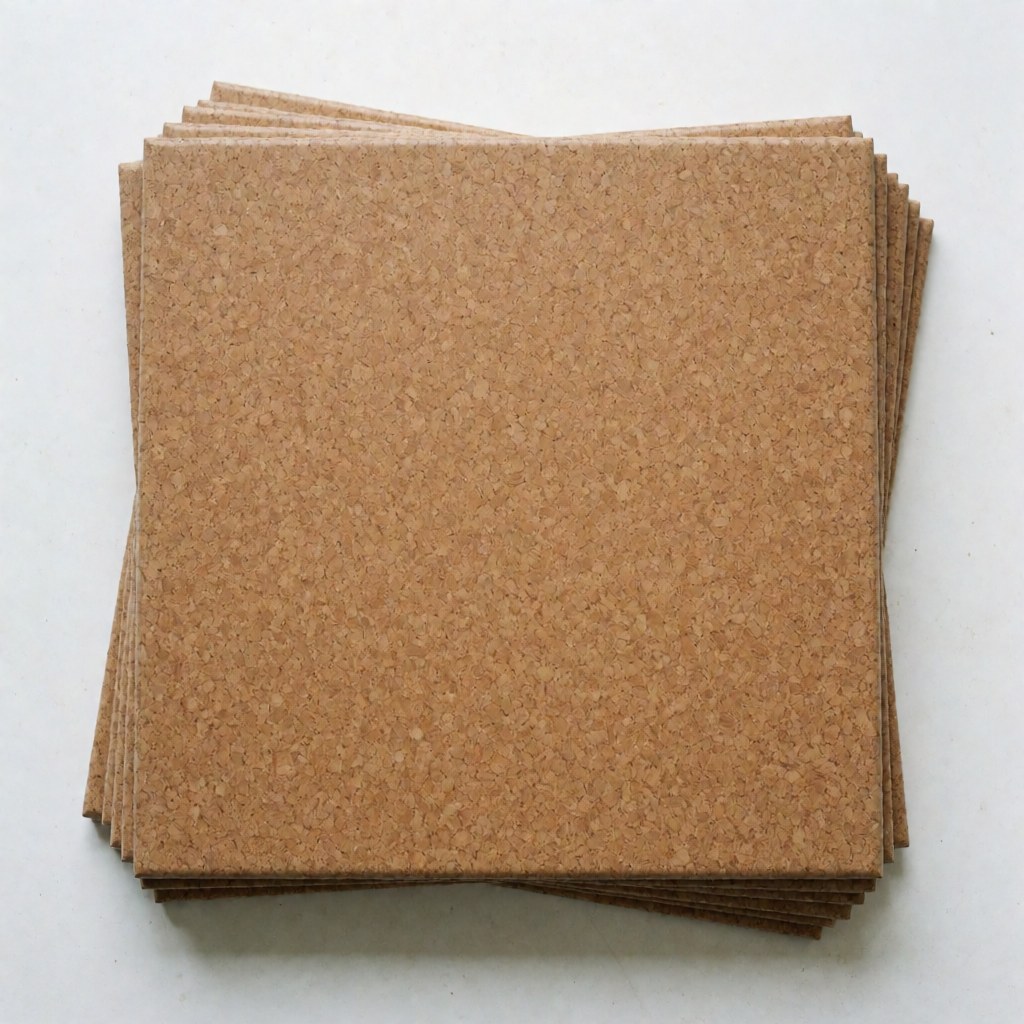 Carreaux de liège carrés empilés avec texture naturelle sur fond blanc, produit pour installateur de sols en liège