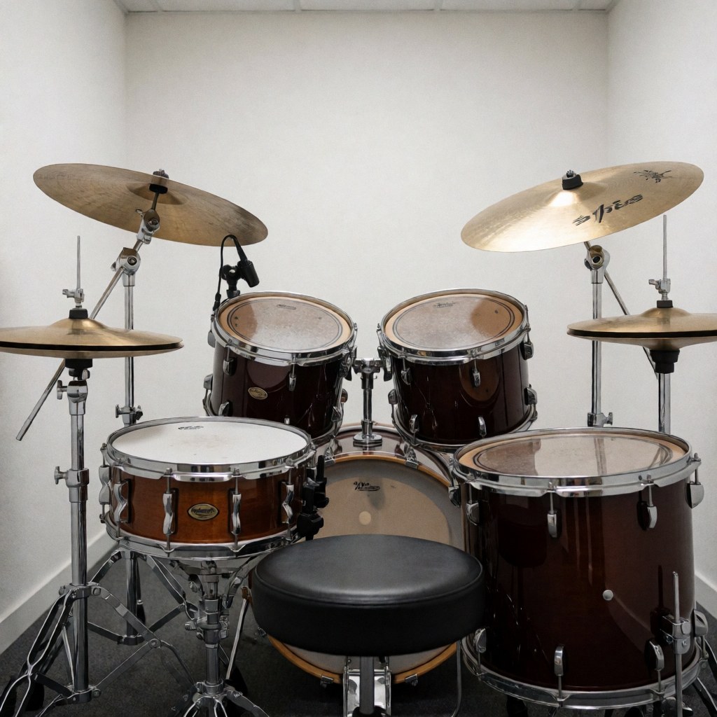 Ensemble complet de batterie acoustique avec cymbales et siège dans une salle de pratique pour académie de musique aux murs blancs et éclairage vif.