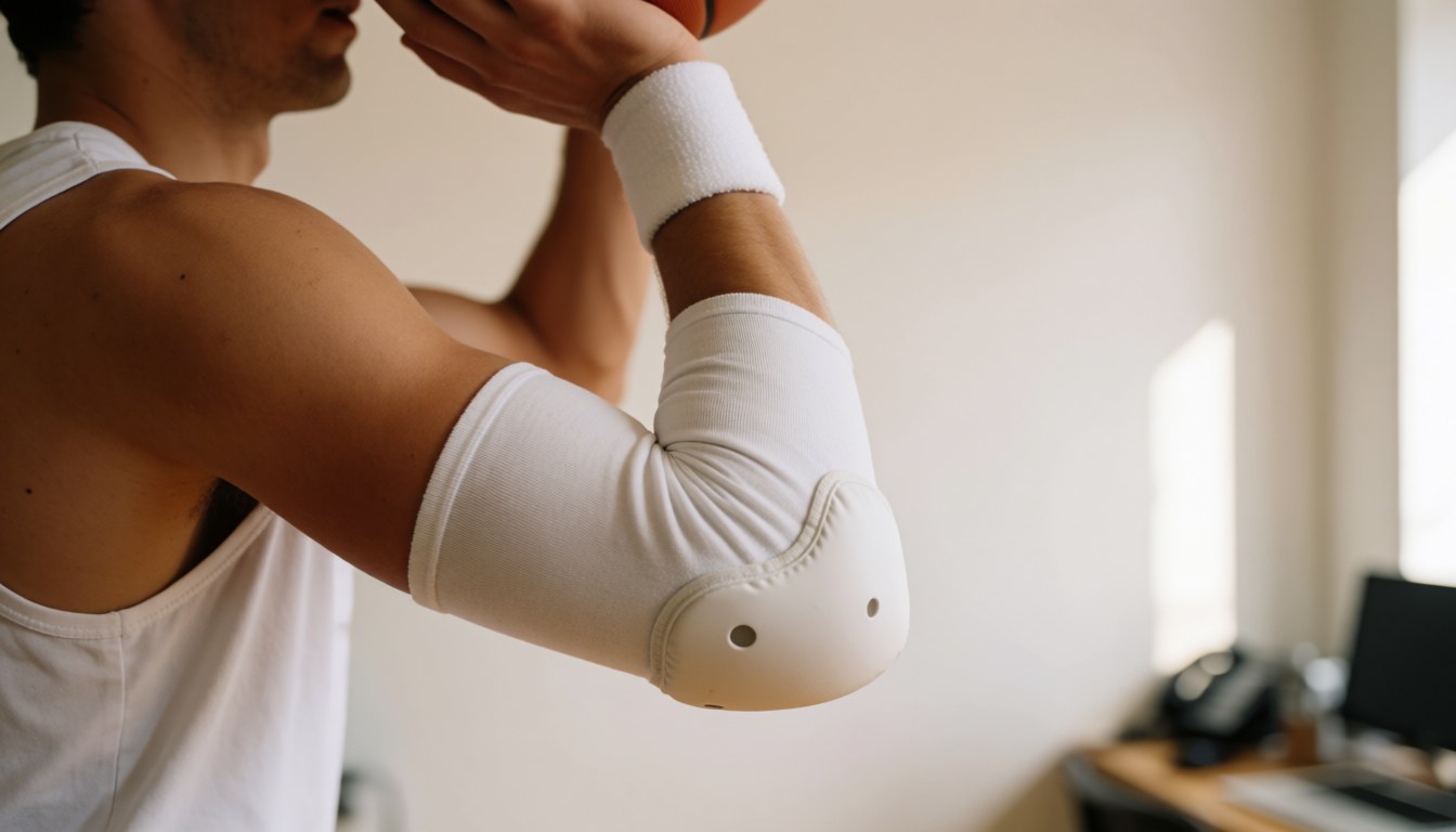 Bras de basketteur portant un protège-coude blanc en position de tir, sur fond blanc avec lumière chaude, idéal pour l'entraînement ou l'école de basket.