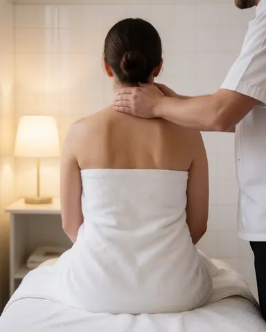 Un thérapeute masse le cou d'une cliente assise sur une table de massage recouverte d'une serviette blanche dans une salle aux murs carrelés.