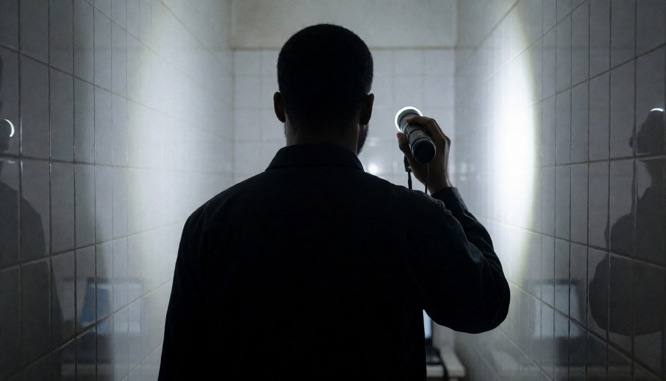 Agent de sécurité tenant une lampe tactique inspectant un couloir carrelé blanc lors d'une ronde de nuit.