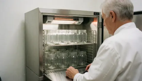 Un professionnel en uniforme blanc vérifie des bocaux en verre dans un four de stérilisation UV, sur fond blanc et éclairage clinique.