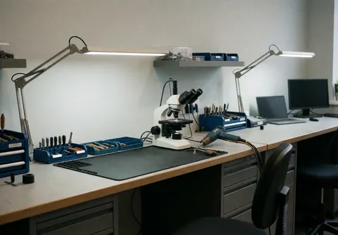 Bureau de travail propre équipé d'un microscope, d'une plaque chauffante et d'outils organisés pour la réparation de téléphones dans un local professionnel.