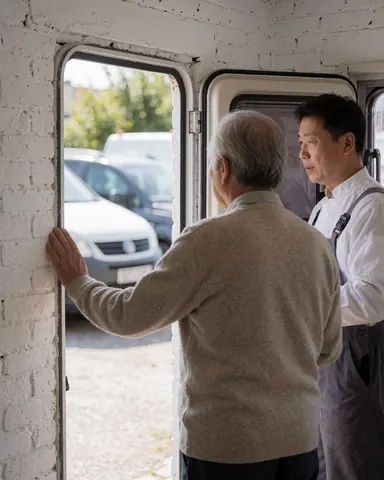 Un client inspecte la fenêtre de son camping-car avec un mécanicien dans un atelier aux murs de briques blanches, des véhicules étant visibles à l'extérieur.