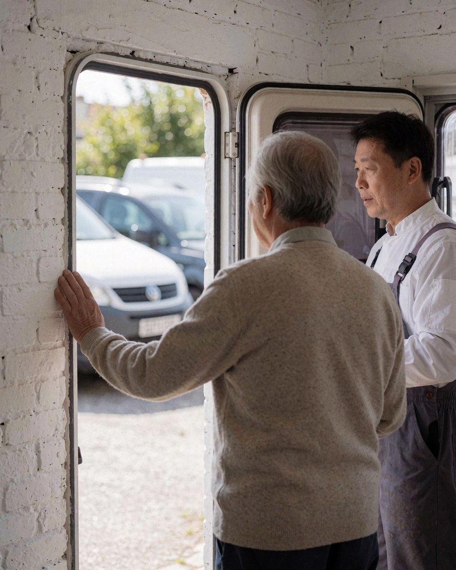 Un client inspecte la fenêtre de son camping-car avec un mécanicien dans un atelier aux murs de briques blanches, des véhicules étant visibles à l'extérieur.