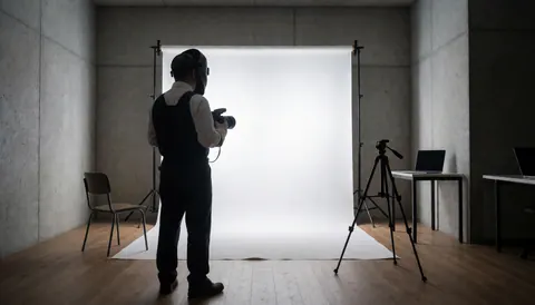 Un photographe professionnel ajuste son trépied à côté d'un ordinateur portable dans un studio avec un fond blanc, préparant une séance de portraits.