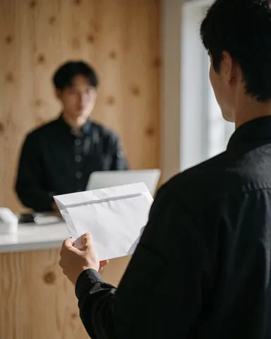 Un client reçoit un emballage blanc d'un employé dans un bureau moderne avec des murs en bois clair et un ordinateur portable en arrière-plan.