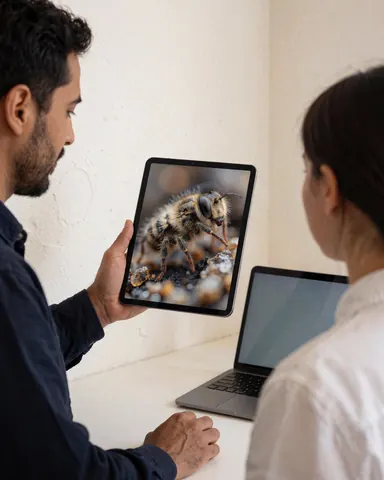 Une cliente consulte une photographie macro détaillée d'une abeille sur une tablette, dans un environnement de bureau lumineux avec des murs clairs.