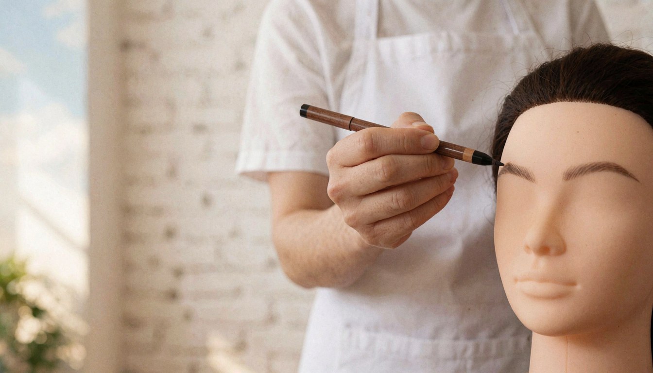 Un professionnel applique du maquillage des sourcils sur un mannequin dans un studio avec un mur en briques blanches et une lumière naturelle pour des services de beauté.