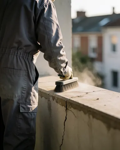 Un ouvrier nettoie le bord en béton fissuré d'un balcon au coucher du soleil, illustrant un service d'étanchéité en cours.