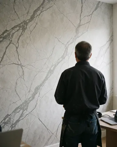 Dos d'un client regardant un mur avec effet marbre gris et beige, bureau avec ordinateur portable, lumière naturelle.