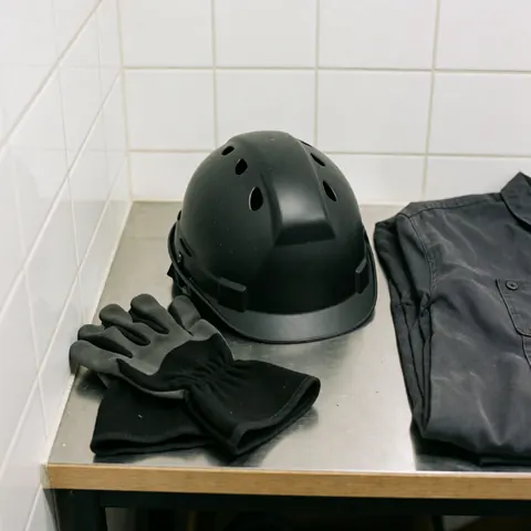 Casque noir et gants de travail posés sur une table métallique, à côté d'une chemise de travail, dans un parc d'aventure avec des murs carrelés blancs.
