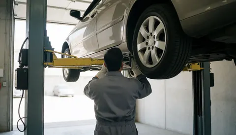 Un technicien examine un pneu d'automobile dans un atelier aux murs en béton avec lumière naturelle entrant par la porte.