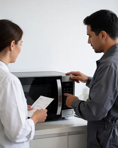 Un technicien en uniforme présente le panneau de commande d'un microonde réparé à un client, tenant une facture dans un atelier moderne et propre.