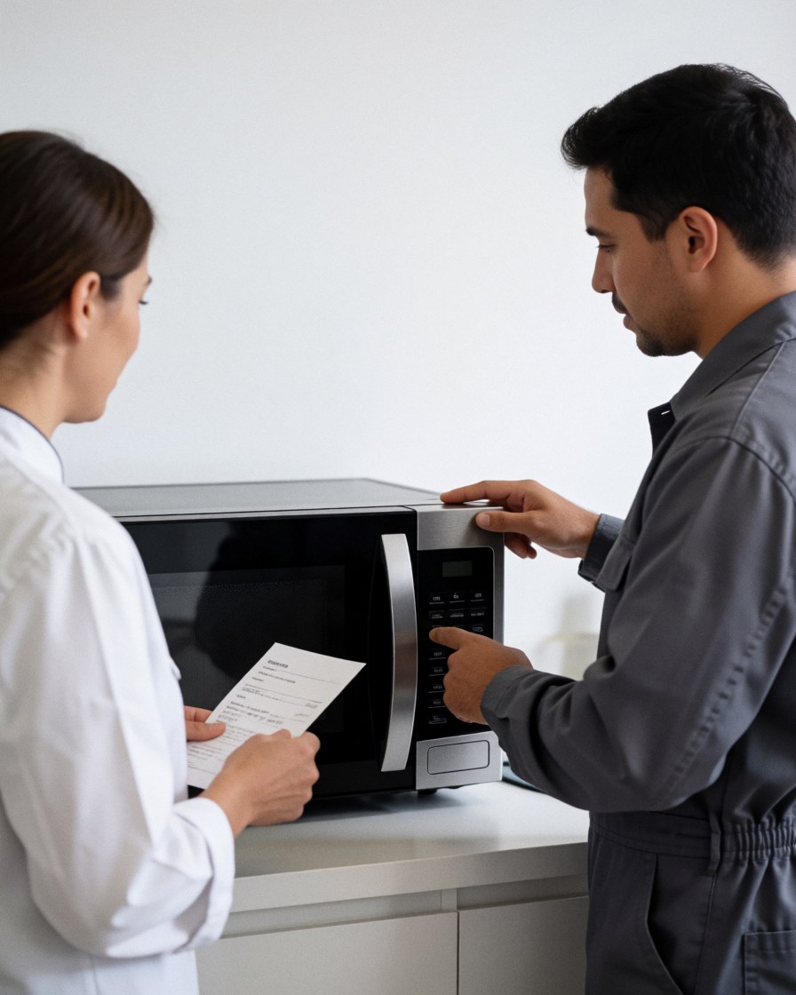 Un technicien en uniforme présente le panneau de commande d'un microonde réparé à un client, tenant une facture dans un atelier moderne et propre.
