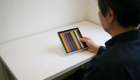 Vue arrière d'une personne tenant une boîte de crayons de couleur sur un bureau blanc, idéale pour une papeterie.