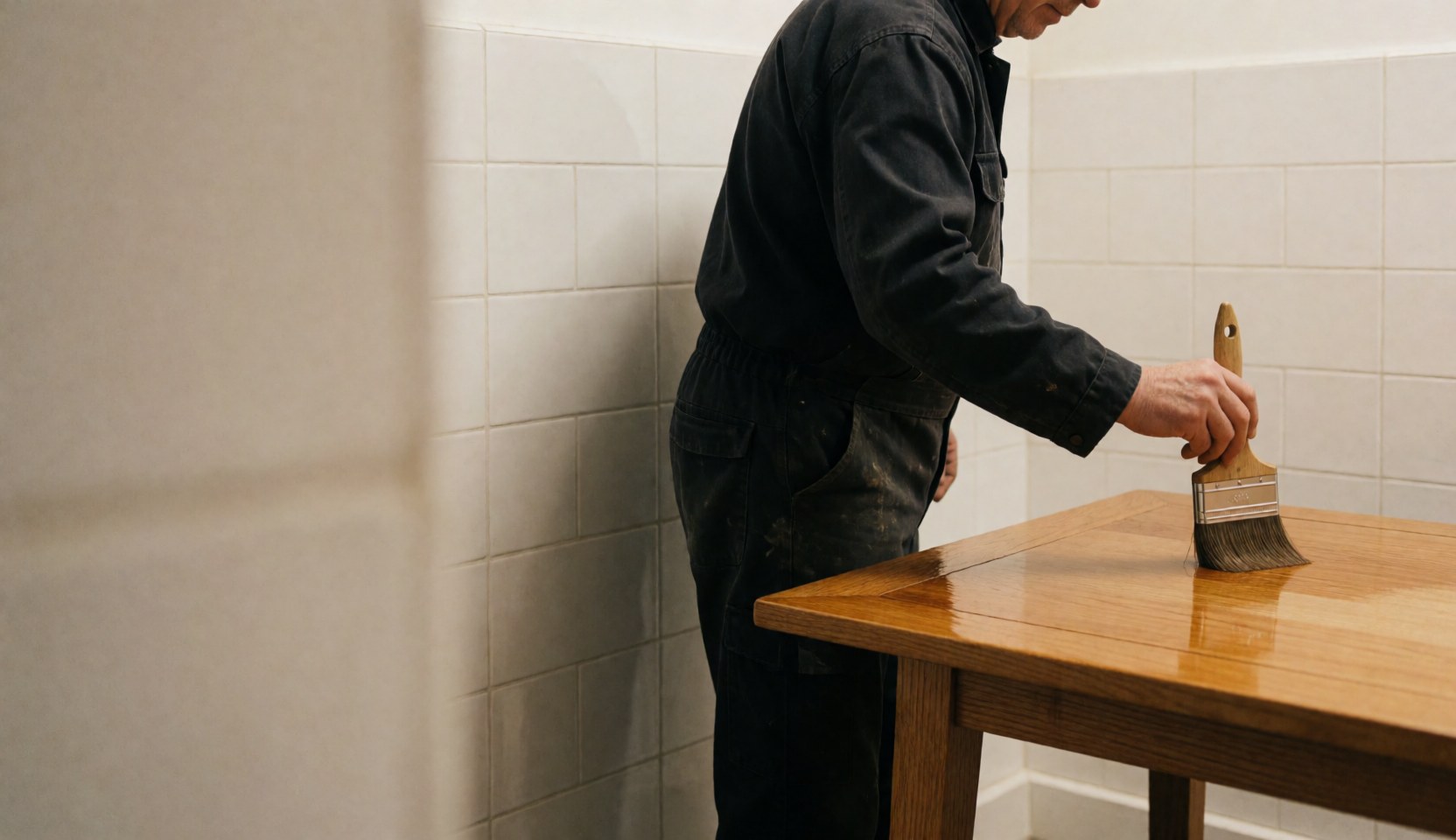 Un homme applique du vernis sur une table en bois dans un atelier aux murs carrelés blancs, illustrant un service de restauration de meubles.