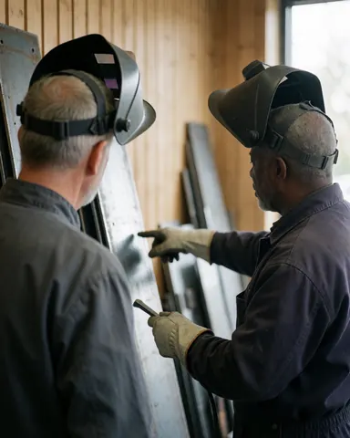 Deux ouvriers portant des masques de soudure examinent des plaques de métal dans un atelier aux murs en bois, illustrant un service de découpe industrielle.