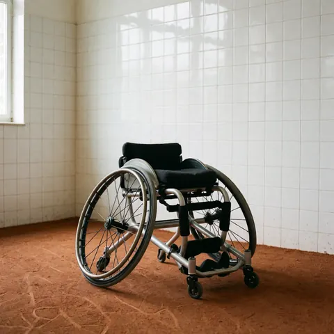 Fauteuil roulant de tennis adapté avec grandes roues et structure robuste sur un court de terre battue rouge, idéal pour un catalogue d'équipement sportif.