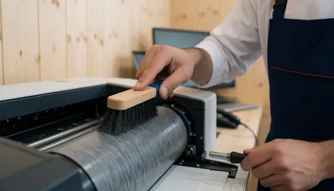 Technicien en tablier nettoyant un rouleau d'imprimante avec une brosse sur un fond en bois clair et une lumière vive, service de réparation en action.