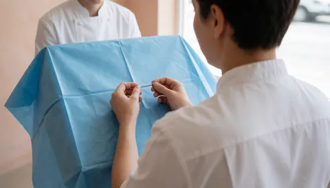 Un pierceur en uniforme blanc manipule un barbell sur un tissu stérile bleu. Le client est couvert. Ambiance clinique moderne.
