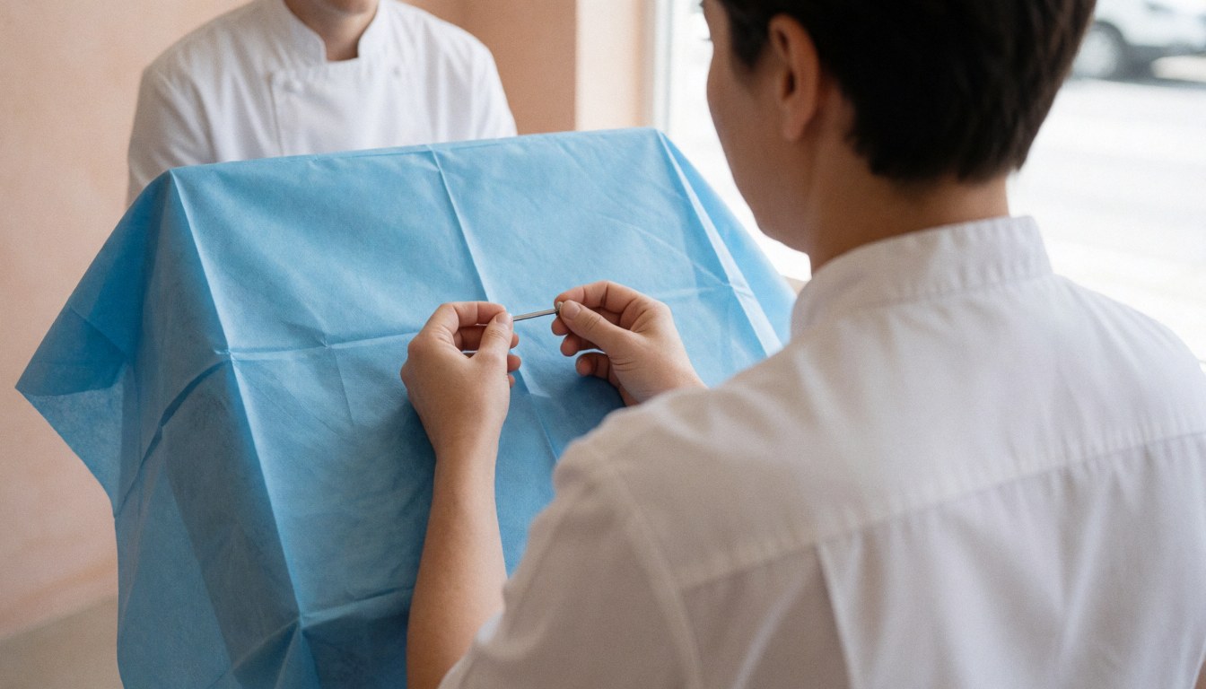 Un pierceur en uniforme blanc manipule un barbell sur un tissu stérile bleu. Le client est couvert. Ambiance clinique moderne.