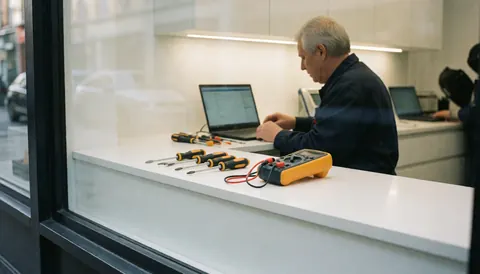 Technicien en réparation d'appareils utilisant un multimètre et des tournevis sur le comptoir d'un magasin.