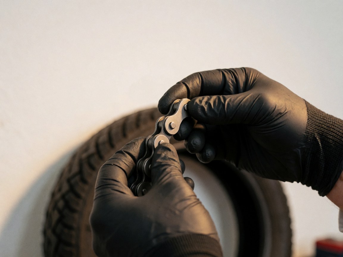 Mains portant des gants noirs ajustant une chaîne de moto avec un pneu en arrière-plan dans un atelier à mur blanc et lumière chaude.