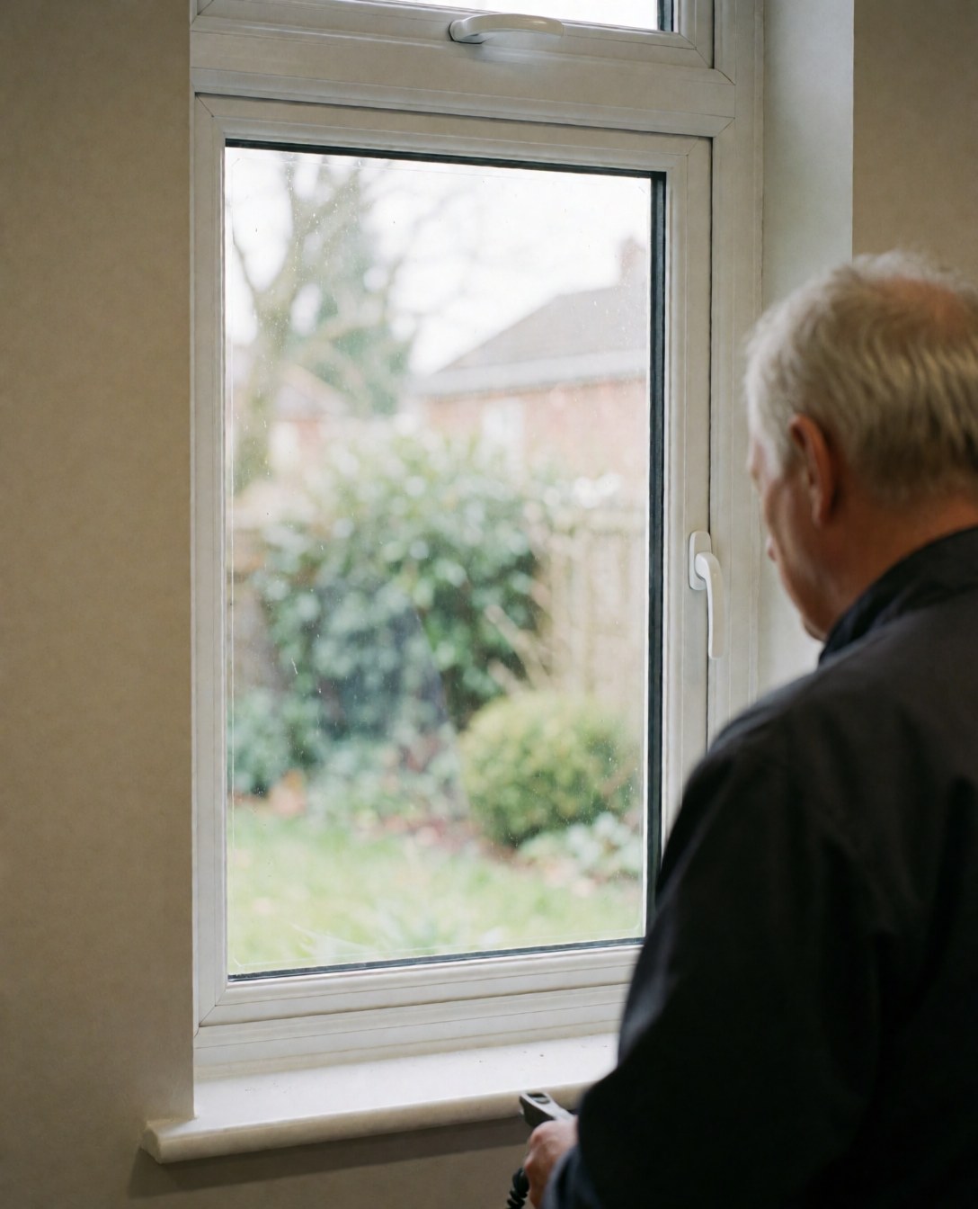 Un homme de dos observe par une fenêtre à isolation récente au cadre blanc sur un mur beige, avec un jardin extérieur flou en arrière-plan.