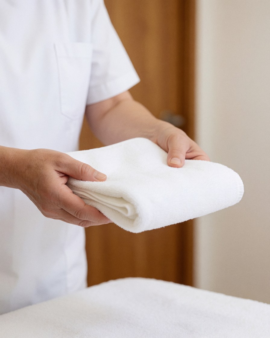 Une main pliant soigneusement une serviette blanche sur une surface en bois, dans un salon de massage aux murs chauds et à la lumière vive, détail de préparation hygiénique.