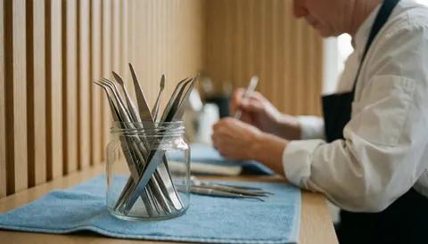 Pot de pinces stérilisées posé sur une serviette bleue, sur une table de manucure avec des murs en bois.