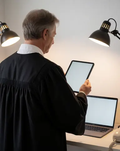 Un avocat de dos consulte des images sur une tablette posée sur un bureau blanc, accompagné d'un ordinateur portable et d'un éclairage de bureau, devant un mur blanc.