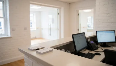 Vue de la réception d'un studio de danse comprenant des tables, des ordinateurs, des cartes de cours et l'entrée vers les salles de pratique.