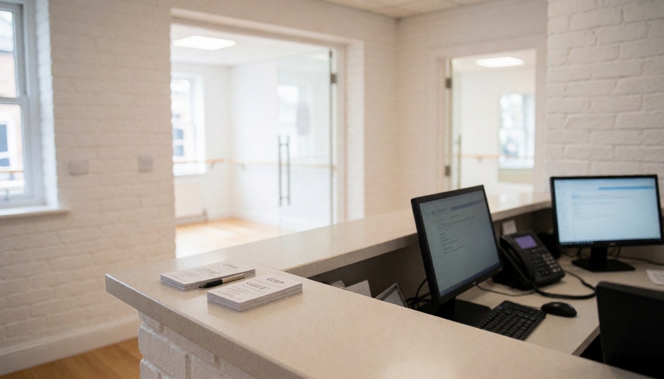 Vue de la réception d'un studio de danse comprenant des tables, des ordinateurs, des cartes de cours et l'entrée vers les salles de pratique.