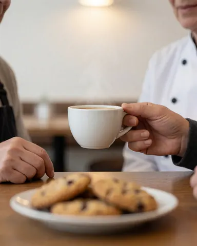Une personne savoure un café chaud accompagné de biscuits dans un café aux murs blancs et à l'éclairage chaleureux, le focus étant sur la tasse et les mains.