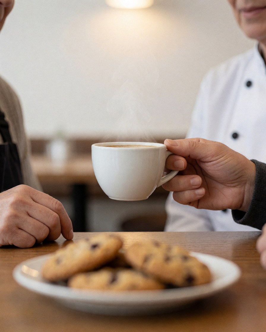 Une personne savoure un café chaud accompagné de biscuits dans un café aux murs blancs et à l'éclairage chaleureux, le focus étant sur la tasse et les mains.